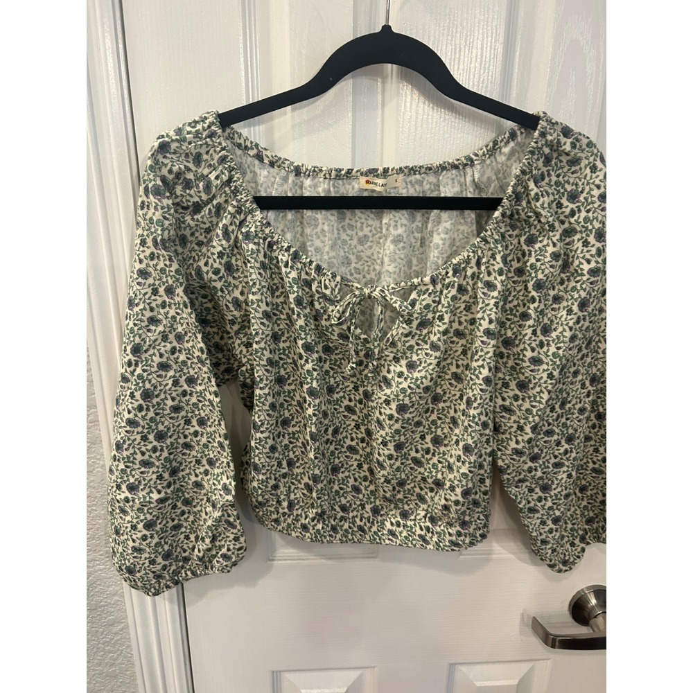 Marine Layer Peasant Top Green Purple Floral Elastic Crop Blouse Boho Sleeve